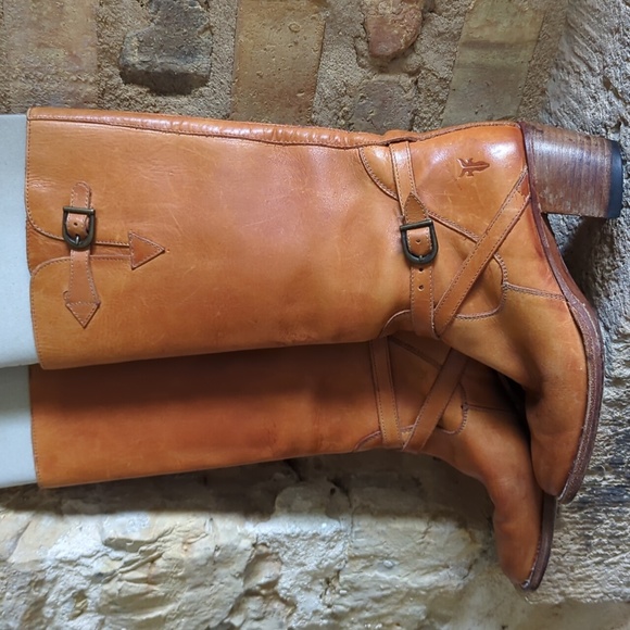 FRYE I Vintage Genuine Goodyear Welt Tall Cognac Leather Boots with Buckles, 5.5 - Picture 8 of 15